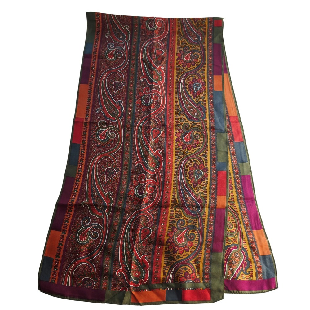 Perry Ellis -1973 Silk Scarf Red Mustard Olive Paisley Geometric Vintage